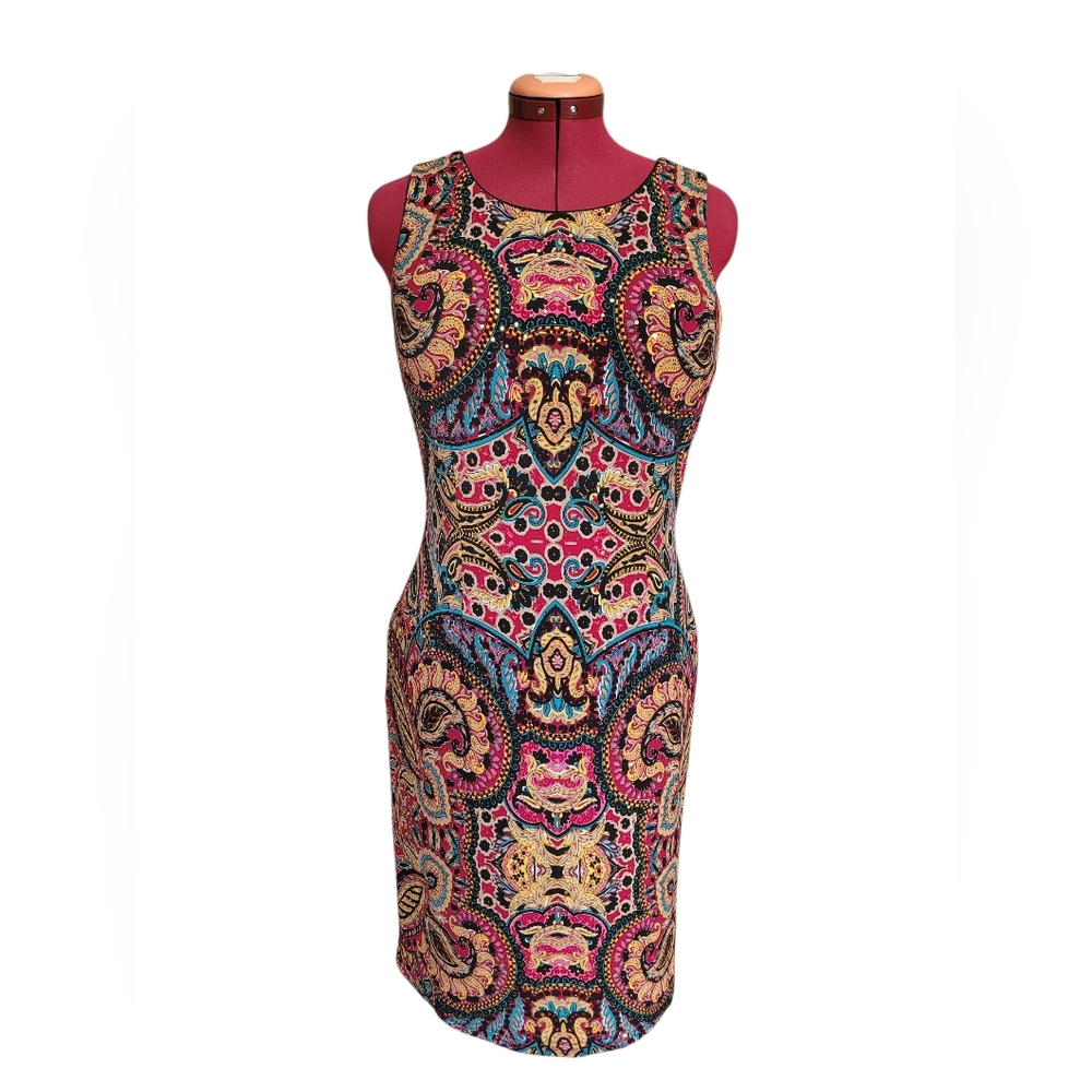Joseph Ribkoff Vibrant Paisley Midi Dress in Pink, Blue & Black Cocktail